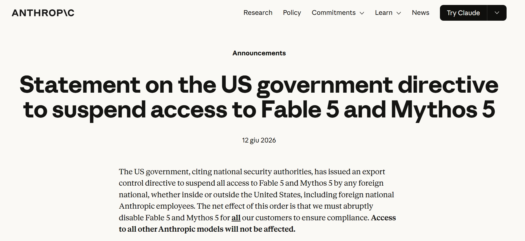 Blocco Fable 5 e Mythos: la sfida tra governo USA e Anthropic
